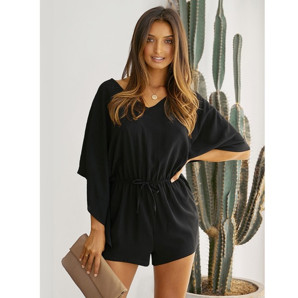 Batwing Sleeve Drawstring Waist Black Romper - Picture 2 of 7